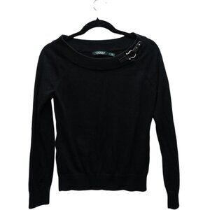 Elegant Lauren Ralph Lauren Black Wool Sweater with Brooch - Size